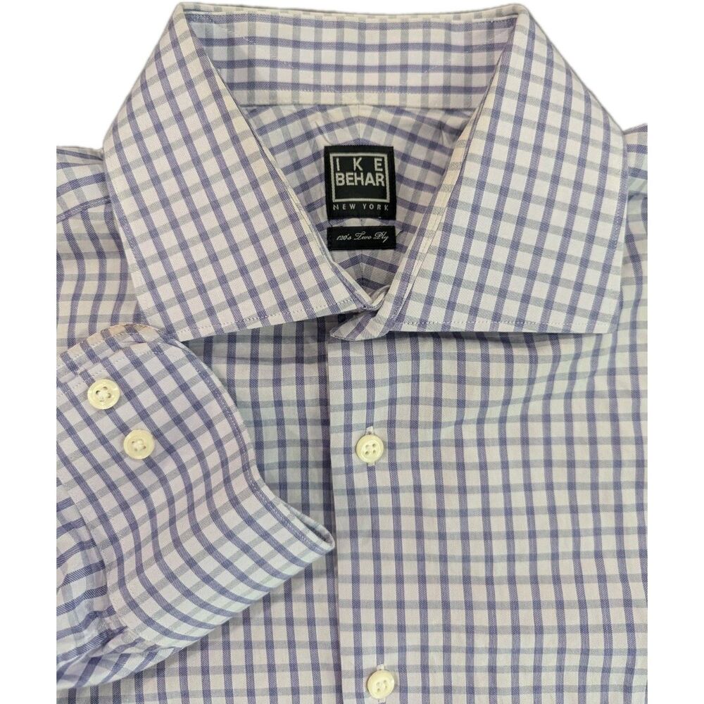 IKE Behar Dress Shirt Men 16 36/37 Blue Check Cutaway Long Sleeve Designer Brand